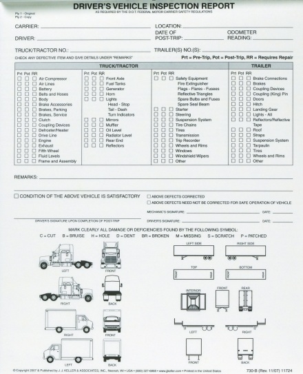 What is included on a DOT pretrip inspection form?