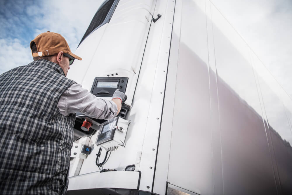 truck driver inspecting refrigerated semi trailer