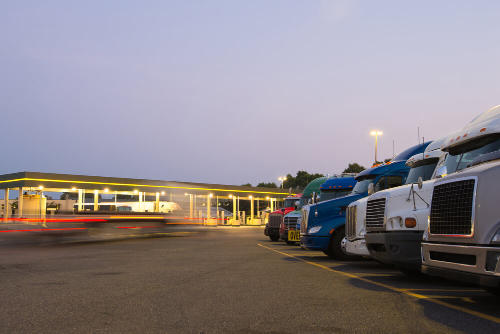 parked trucks at a truck rest stop