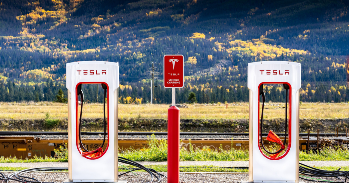 There are 2 tesla charging stations centered in a scenic view of a national park.