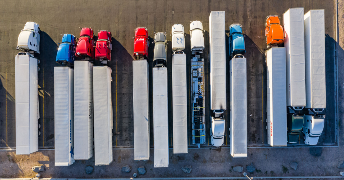 Aerial view of a group of parked semi trucks